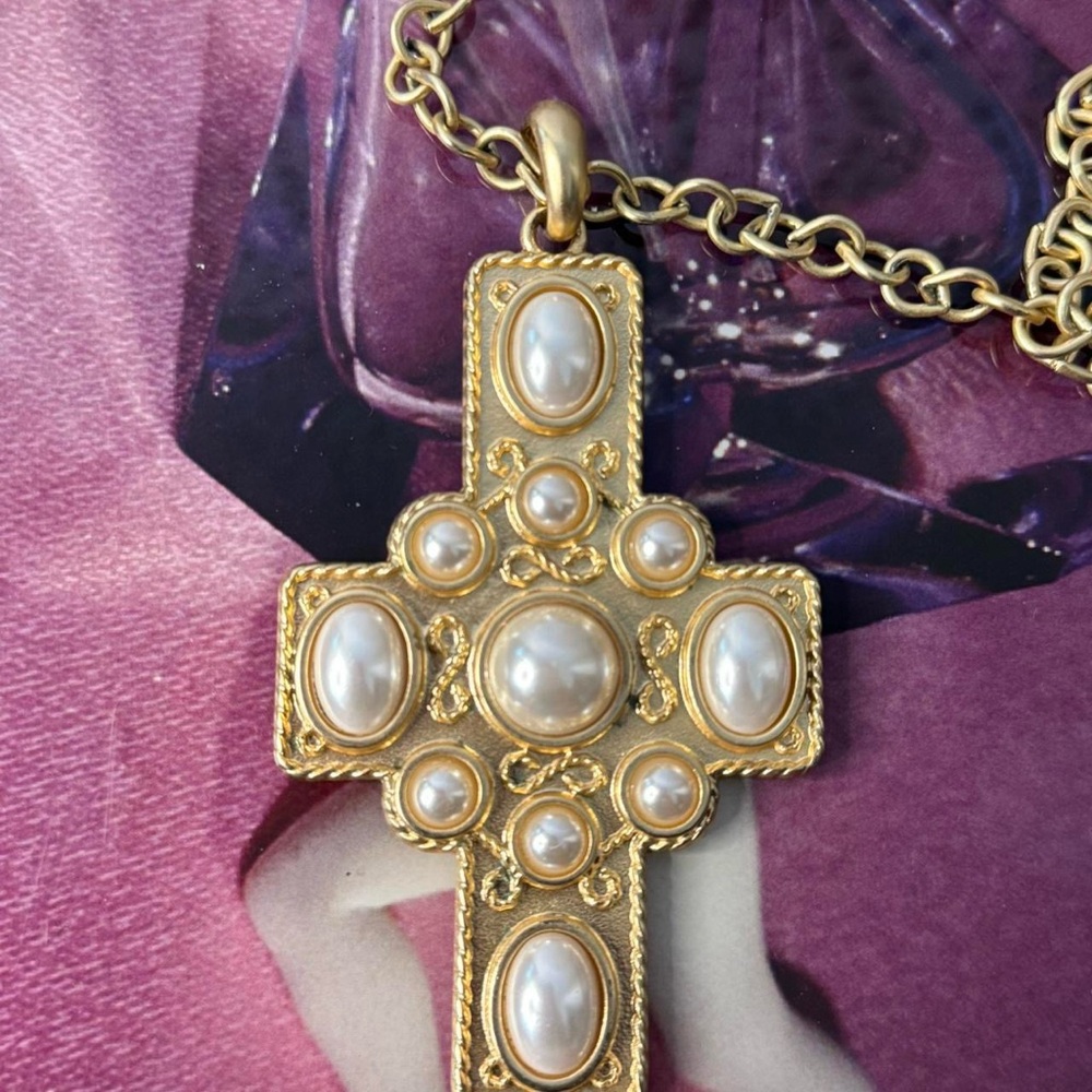 Kenneth Jay Lane Gold and Pearl Cross Necklace